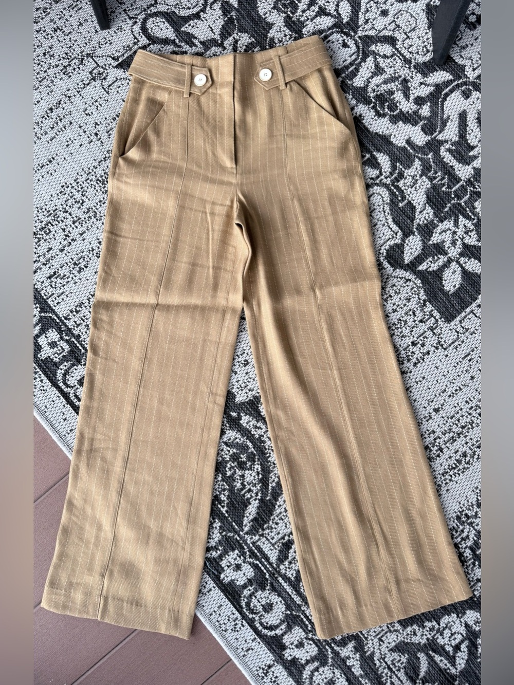 Veronica Beard Sunny Camel Pinstripe Linen Wide Leg Pants Size 4 29.5” Inseam